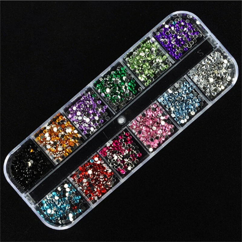 

12 Colors 1200Pcs/lot Round Rhinestones Hard Case Nail Art Tips Stickers Acrylic Uv Gel Nail Decal Decor Makeup Tool 2MM