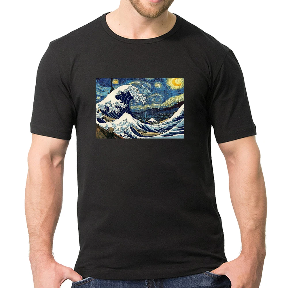 Мужская футболка с принтом "Great wave off kanagawa", Ретро стиль, короткий рукав, тонкие топы, звездная ночь, забавный мультфильм, Harajuku, Мужская футболка, S5MC69