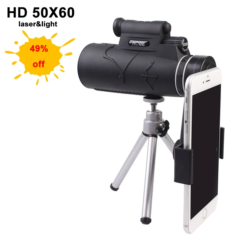 Черный HD 50x60 зум бинокль монокуляр Мощный лазерный фонарик не Ночной Vison телескоп со штативом Зажим для телефона для охоты