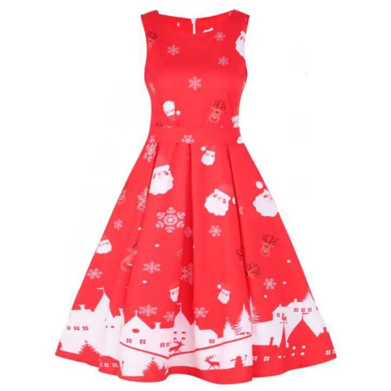 2018 Autumn Retro Round Neck Sleeveless Christmas Print Dress High Waist Pleated | Женская одежда
