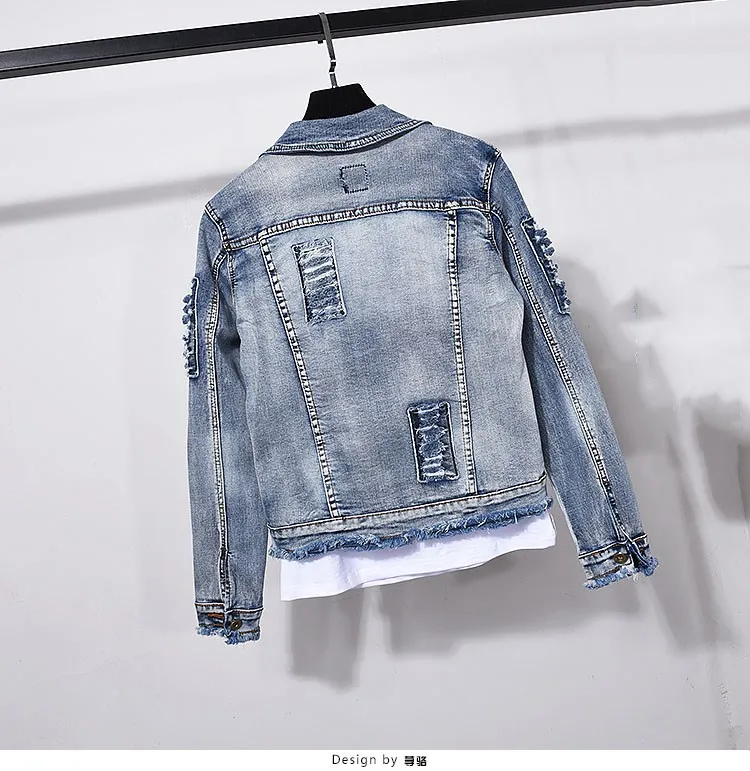 Женский джинсовый комплект из двух предметов с вышивкой рваный Бомбер дырками