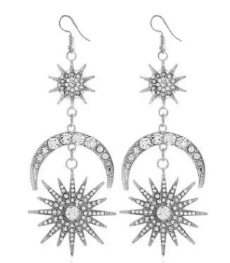 Big Luxury Sun Moon Stars Drop Earrings Rhinestone Punk for Women Jewelry Golden Boho Vintage Statement | Украшения и аксессуары