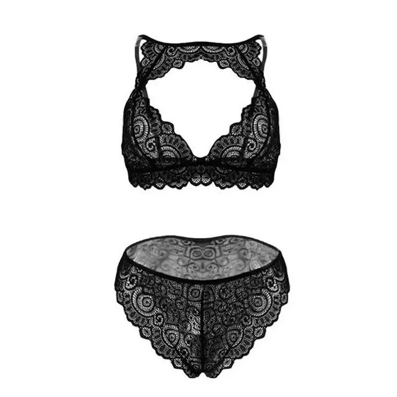 Черный S-2XL, женский сексуальный комплект нижнего белья, кружевной OpenBra+ g-стринги, сексуальное эротическое белье, комбинация большого размера, 2 шт., сексуальное нижнее белье XXL - Цвет: Черный