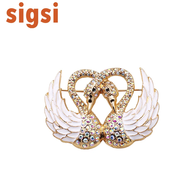 

100pcs/ Fashion Jewelry New Trendy Beauty Enamel Crystal AB Rhinestone Double White Swan Bird Brooches Pins Animal Pin Brooch