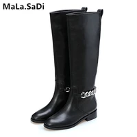 newest real leather black motorcycle boots woman round toe silver chain knee high boots women fashion shoes zapatos mujer 35 41