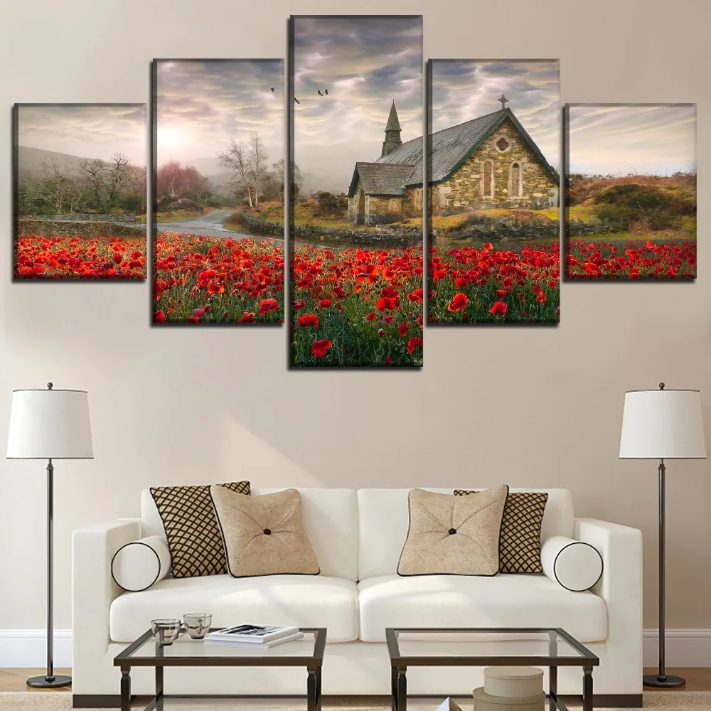 Canvas Pictures Home Decorative 5 Pieces Artistic Church Field Painting HD Print Poppy Flower Poster Wall Art Modular Framework | Дом и сад