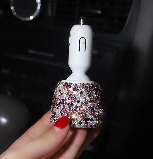 Usb car charger Благородные фиолетовые алмазные автомобильные аксессуары для интерьера для женщин, подвеска с кристаллами, Кожаные чехлы на руль, тканевая коробка, Автомобильные украшения - Название цвета: Usb car charger