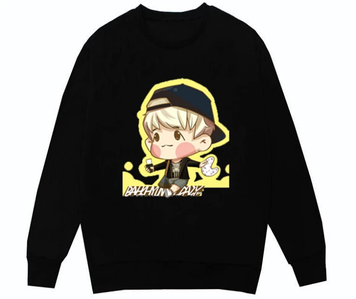 Модные exo baekhyun милые черные толстовки с круглым вырезом и рисунком из мультфильма