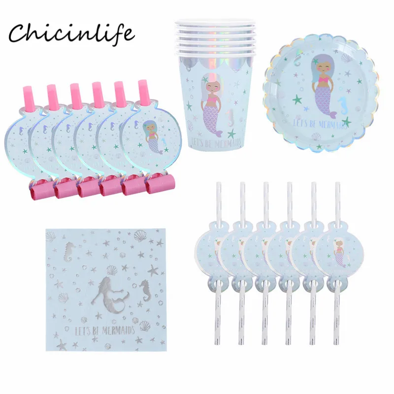 Chicinlife вечерние одноразовые столовые приборы с русалочкой, бумажные салфетки, тарелки, чашки, скатерти для девочек, украшения на день рождения