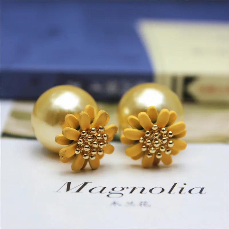 Женские серьги гвоздики с двумя искусственными жемчужинами большими бусинами и