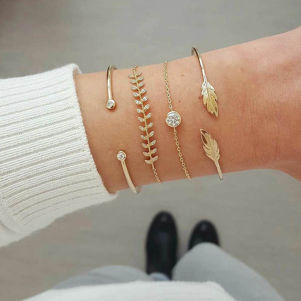 4 шт. Набор браслетов с кристаллами и листьями открытые регулируемые браслеты