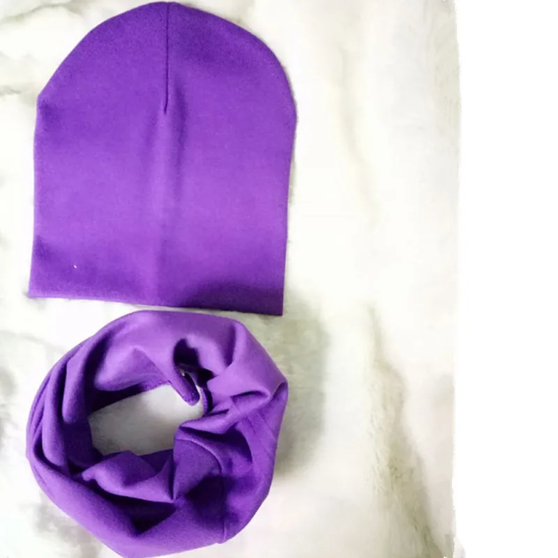 purple set Новые однотонные хлопковые детские комплекты с круглым вырезом, воротники Шапки Одежда для мальчиков и девочек шейный платок, шапочки, Детские шарфы с отделкой, кепки, аксессуары - Цвет: purple set