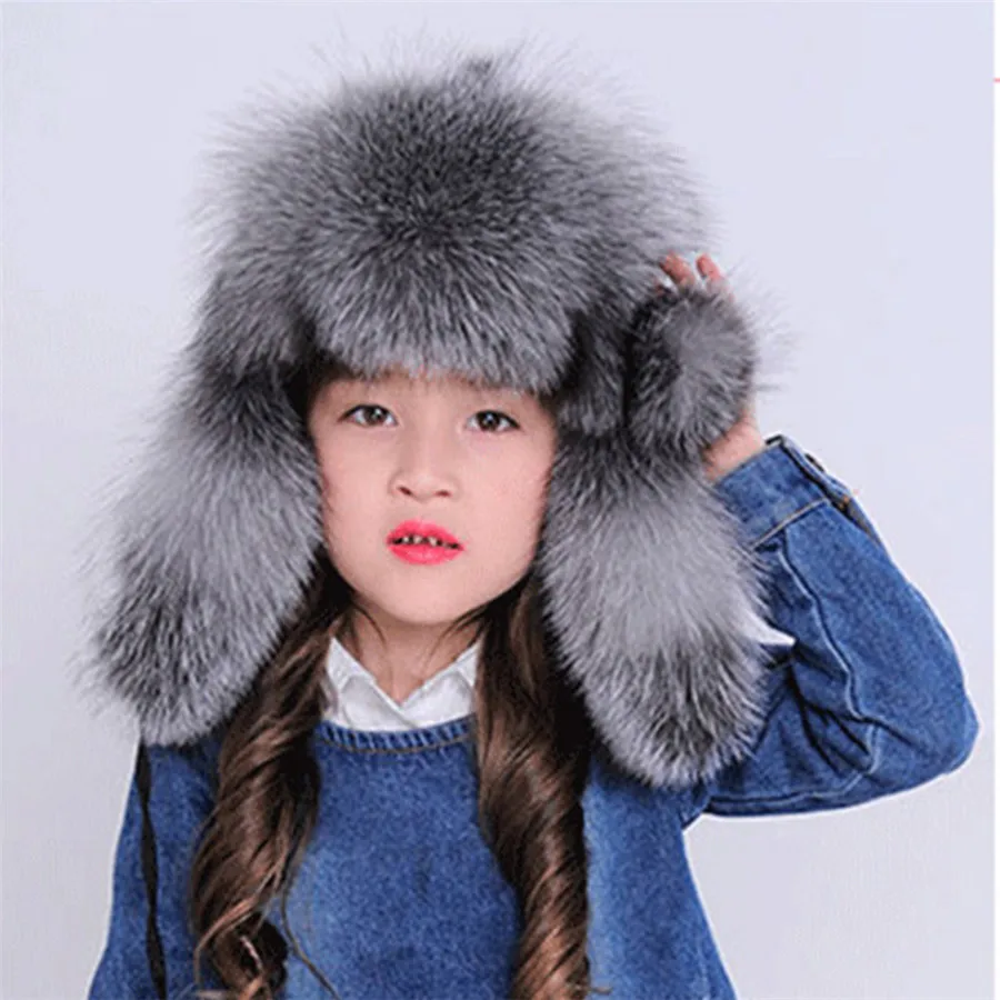 sliver fox fur color Русская Мода, шапки из натурального Лисьего меха для детей на осень и зиму, теплая хлопковая меховая шапка для мальчиков и девочек, милая детская шапка Lei Feng, шапка H#09 - Цвет: sliver fox fur color