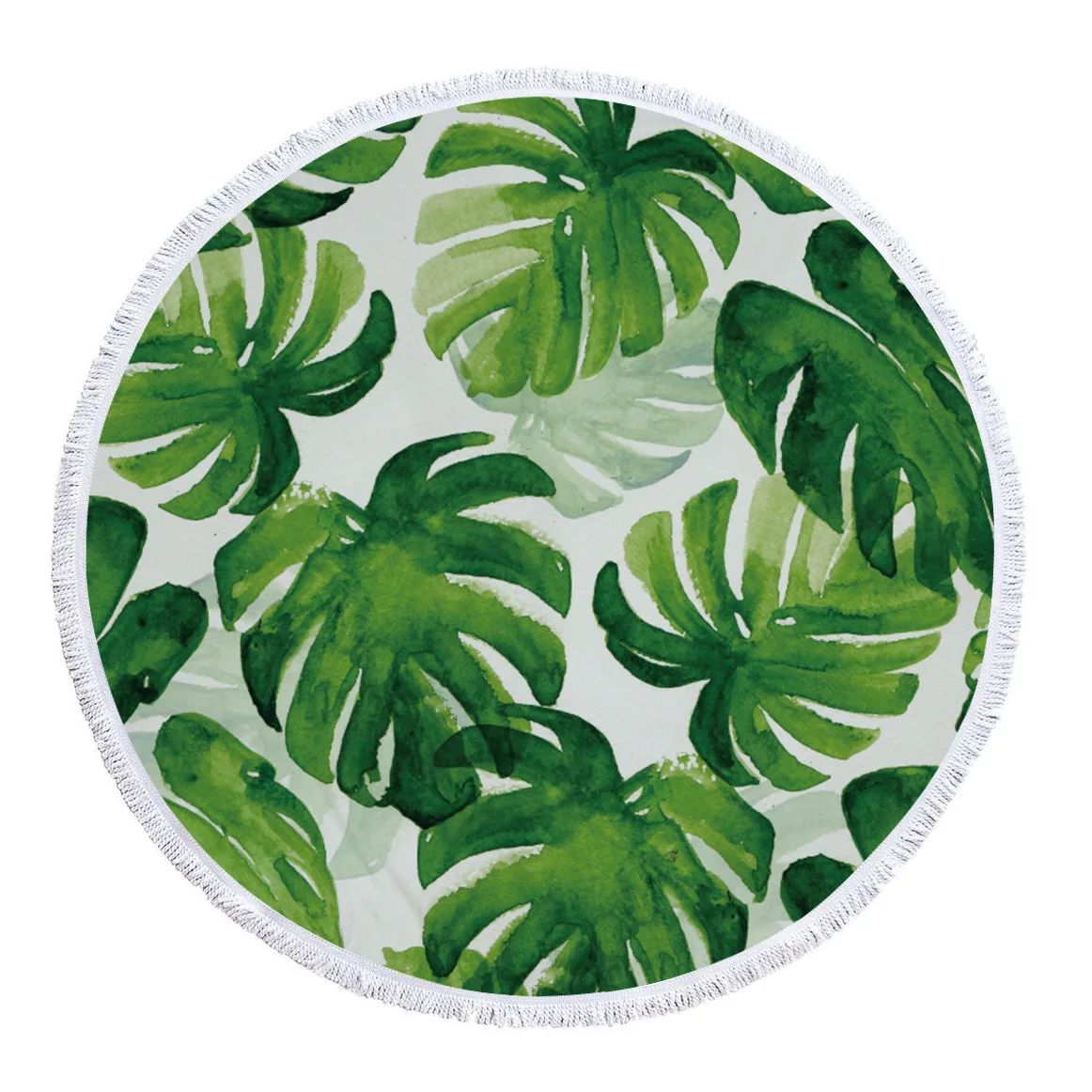 

New Arrives Nature Green Leaves Big Round Beach Towel Colorful Printed Beach Blanket Round with Tassel