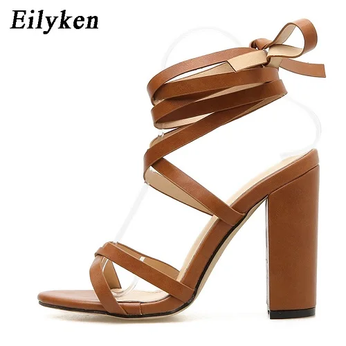 Brown Eilyken/Новинка года; летние женские босоножки с ремешком на щиколотке; вечерние женские босоножки до колена на квадратном каблуке с перекрестной шнуровкой; цвет белый, коричневый - Цвет: Brown