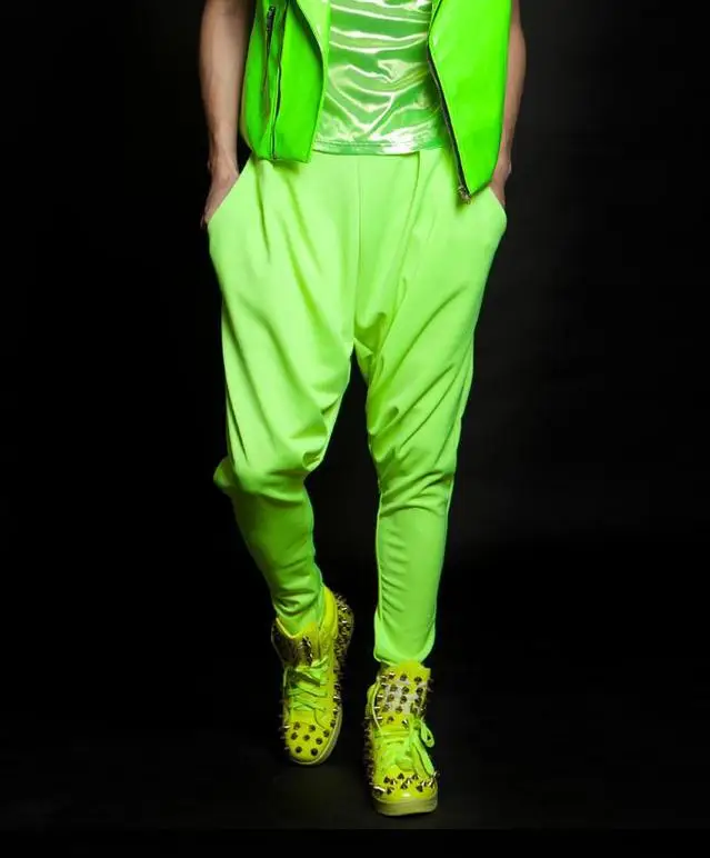 Green Singer costumes 1 pants men 1 pants man stage trousers Fluorescent harem pants mens pants Original Provide custom