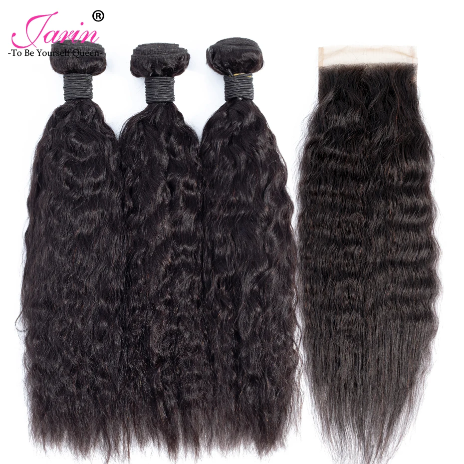 Кудрявые прямые пучки волос с закрытием перуанские человеческие волосы