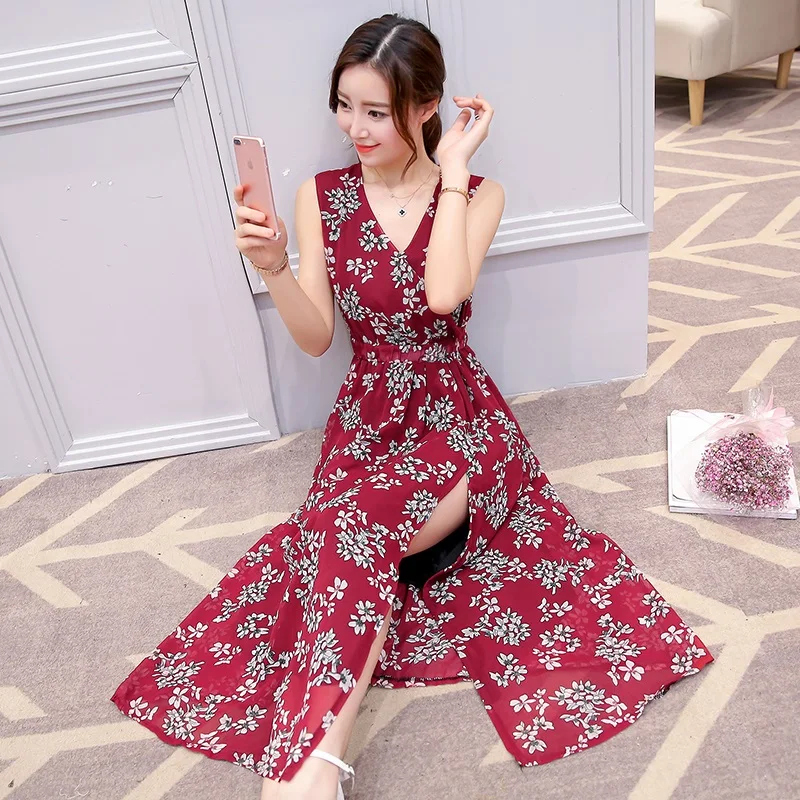 2017 новый летний розовый мода цветочный печати шифон повседневный dress элегантный