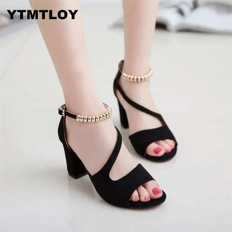 Plus Size 34-42 Summer Women Sandals Open Toe Women's Sandles Thick Heel Pumps Shoes Korean Style Gladiator High Peep Zapatos