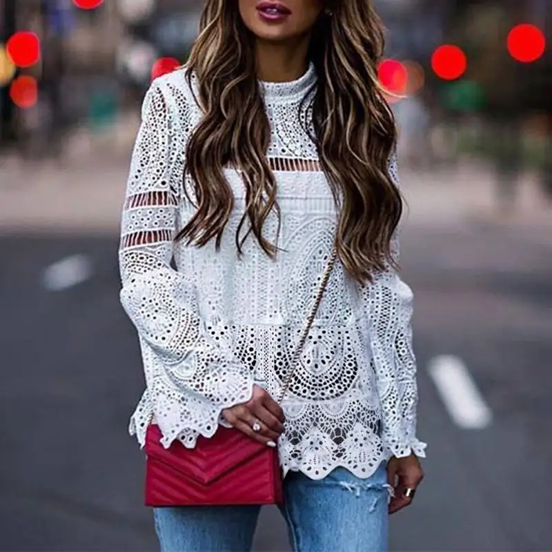 White VONDA, женская сексуальная блуза с дырочками, топ размера плюс,, повседневная, с длинным рукавом, с неровным подолом, для вечеринки, Blusas, пляжные топы, женская рубашка - Цвет: White