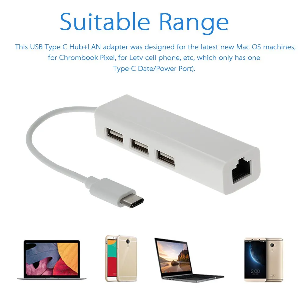 USB 3,1 type C USB-C, 3 порта, концентратор rj45, Ethernet, сетевой адаптер LAN, адаптер, кабель для Macbook и Chromebook
