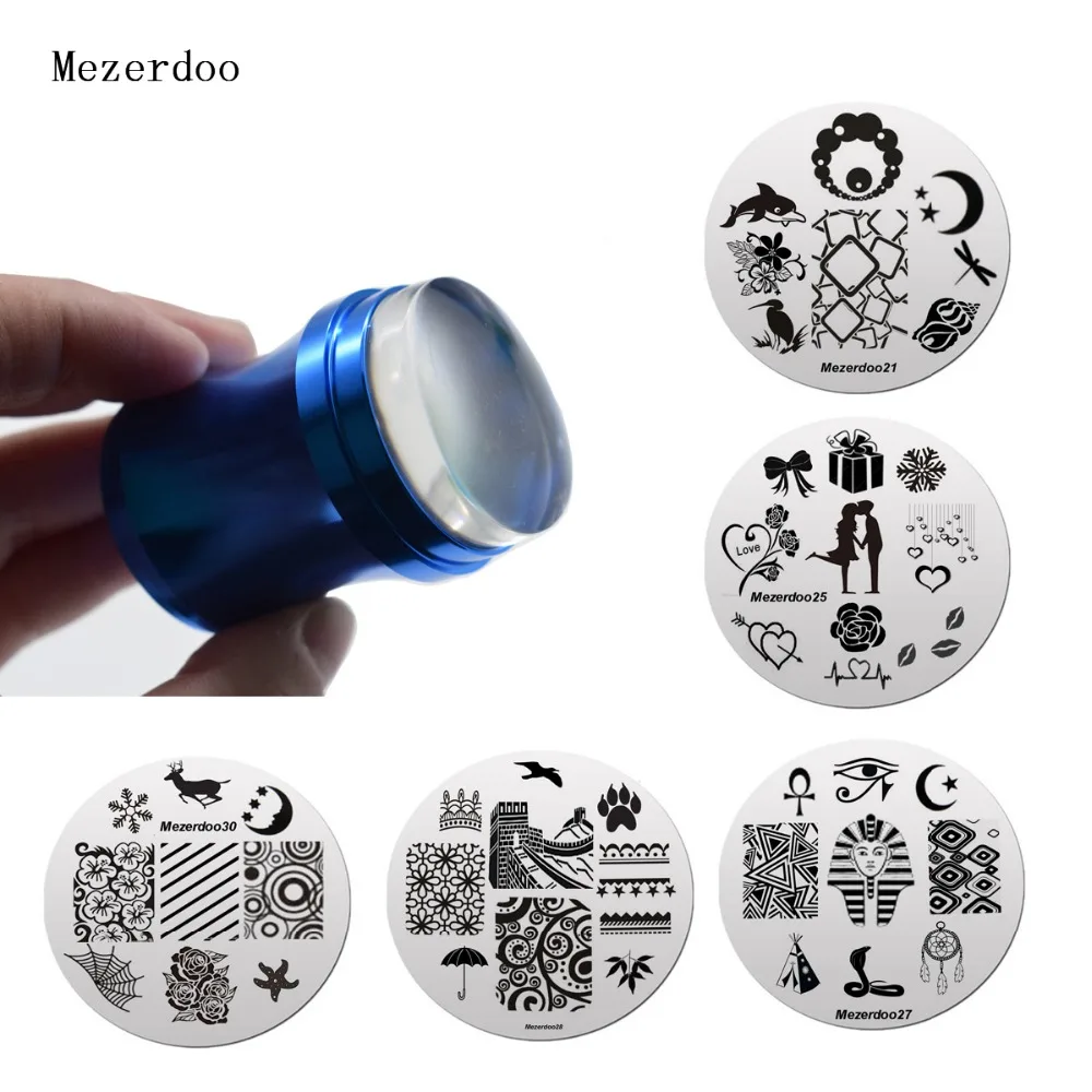 1 металлический синий штамп для дизайна ногтей скребок набор + 10 круглых