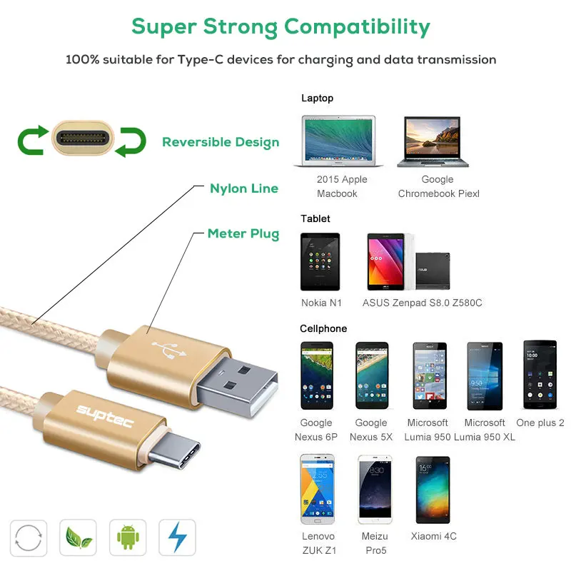SUPTEC 2 м 3 м usb type C кабель для samsung S9 S8 Note 9 2A Быстрая зарядка type-C кабель зарядного устройства для huawei Xiaomi Mi 8 Oneplus 6T 6