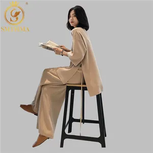 Женский трикотажный комплект из 2 предметов, новинка 2021, осенне-зимний подиумный Модный повседневный топ + штаны с высокой талией, костюм