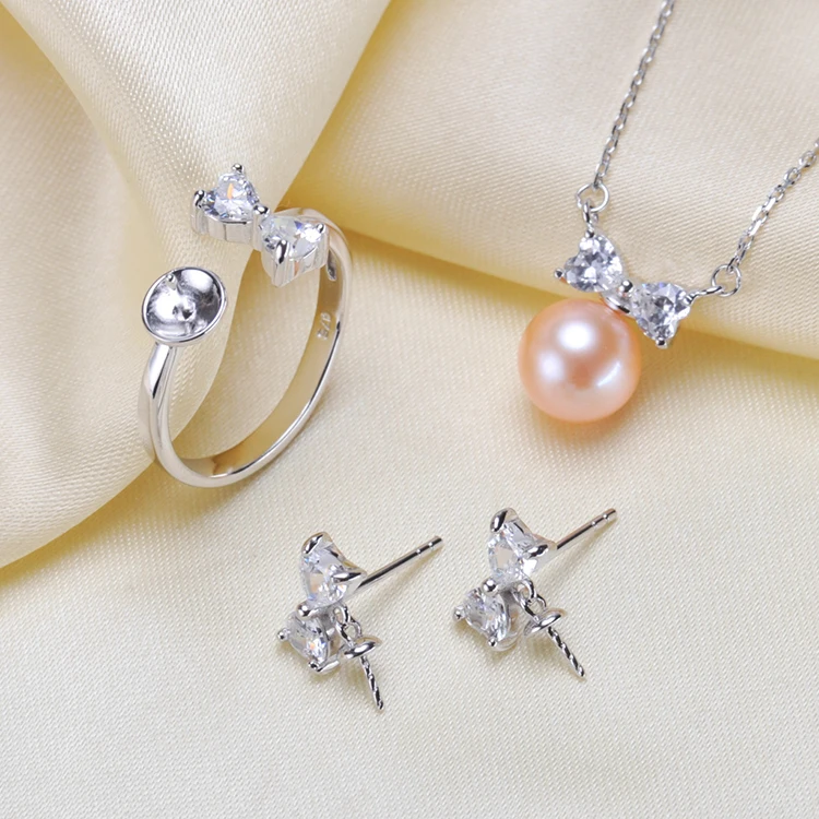 

925 Silver Fashion Pearl Necklace Ring Earrings Set Mountings Findings Beautiful Jewelry Set Parts Fittings Women's Accessories
