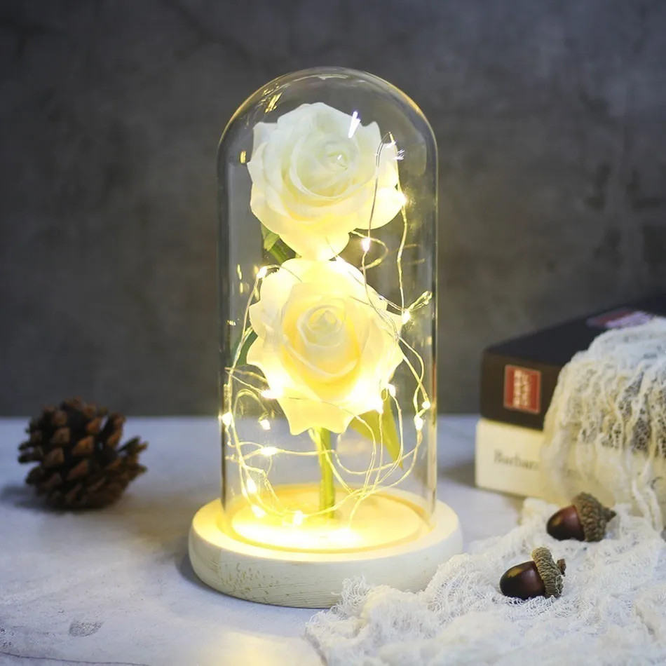 Two wood NEW Beauty And Beast Eternal Flower Rose In Flask Wedding Decoration Artificial Flowers In Glass Cover For Valentine's Day Gifts - Цвет: Two wood