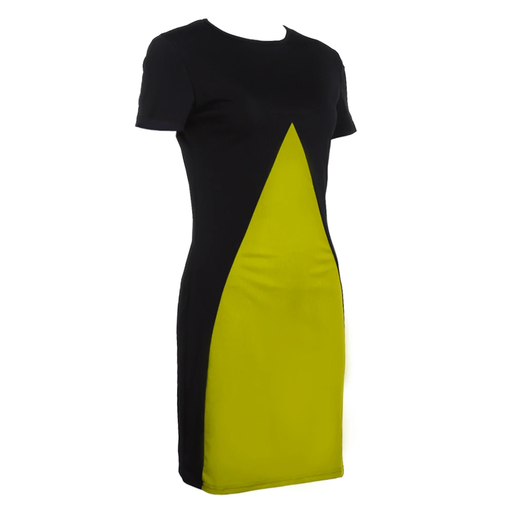 2018 Summer New Fashion Women Dress Short Sleeve Round Neck Patchwork Chic Contrast Color Female Sheath (Yellow) | Женская одежда