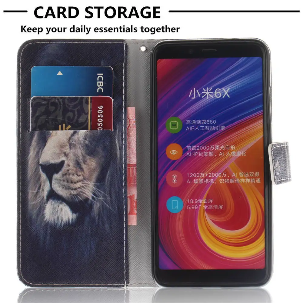 Откидные чехлы книжки на Xiaomi Mi A2 128 ГБ PU Кожаные для 2018 случаев кошелек Доль SIM ТПУ