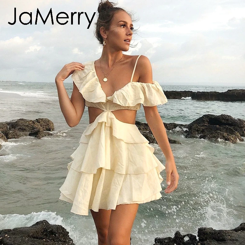 JaMerry сексуальное короткое мини платье с рюшами женские летние выходные пляж