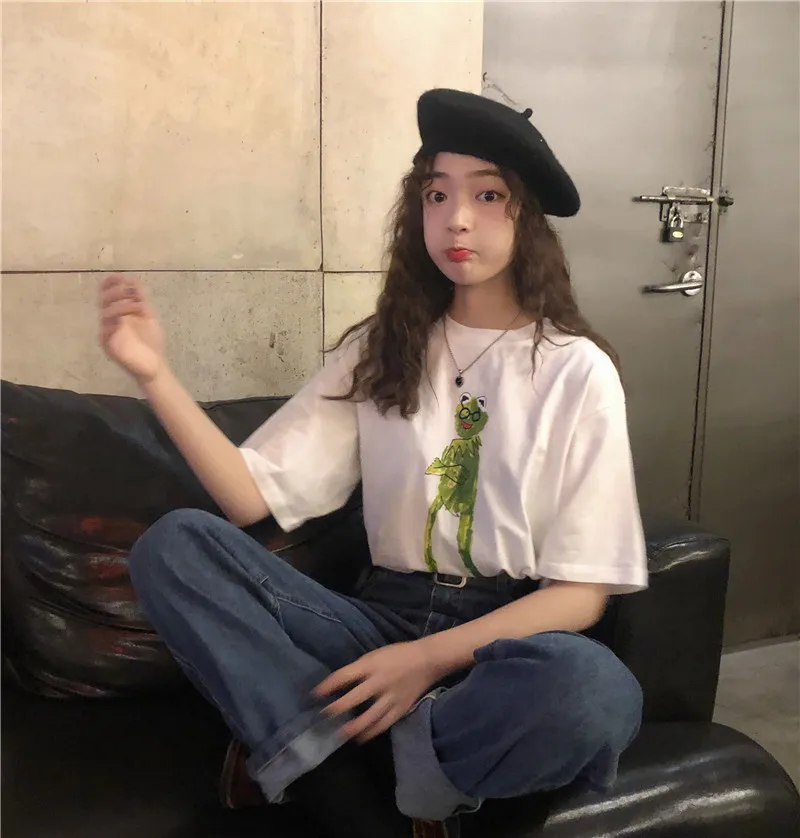 Женские летние модные футболки с милым мультяшным принтом японские Harajuku длинным
