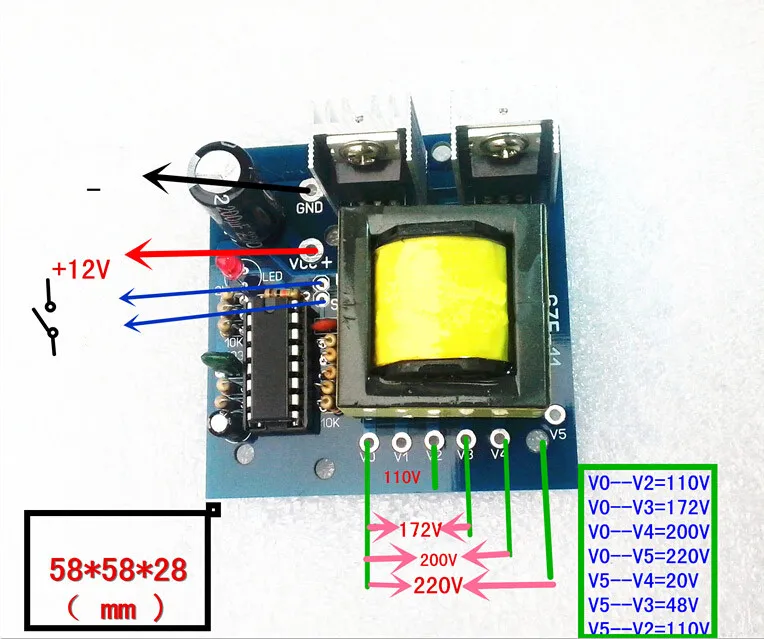 

150W micro inverter DC12V l variable AC 0-110V-172V-200V-220V battery boost transformer