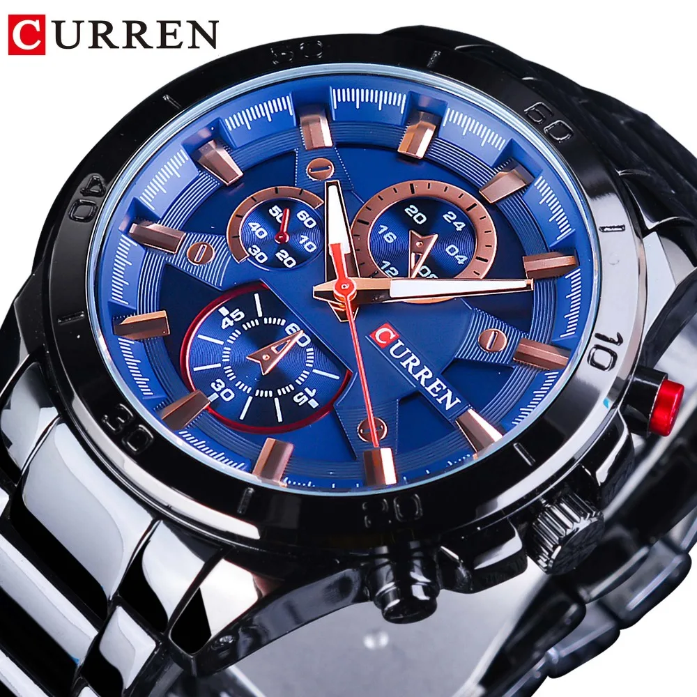 

CURREN Blue Fashion Dial 2018 Design Men Military Full Black Steel Bracelet For Men Quartz Sport Watches Waterproof Clock Men
