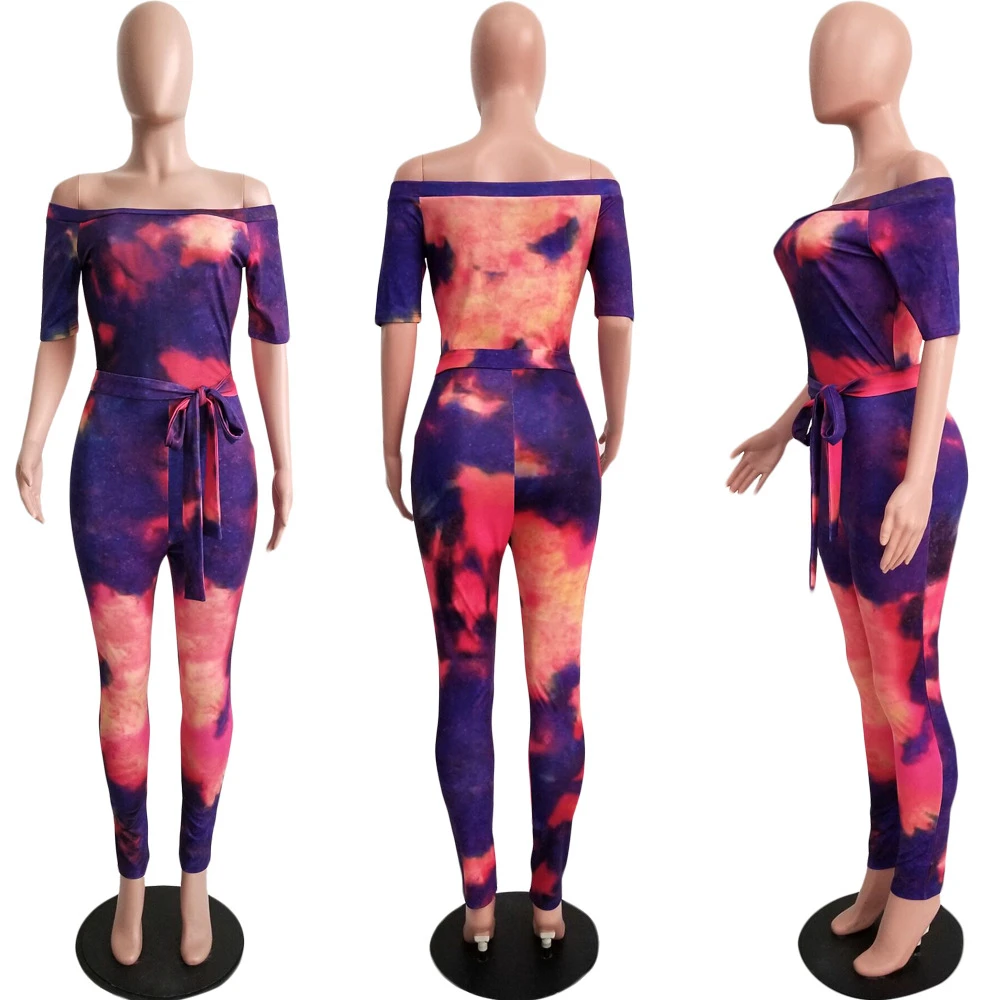 

Colorful Printed Sexy Bodycon Jumpsuit For Women Slash Neck Off The Shoulder Party Catsuit Streetwear Short Sleeve Romper