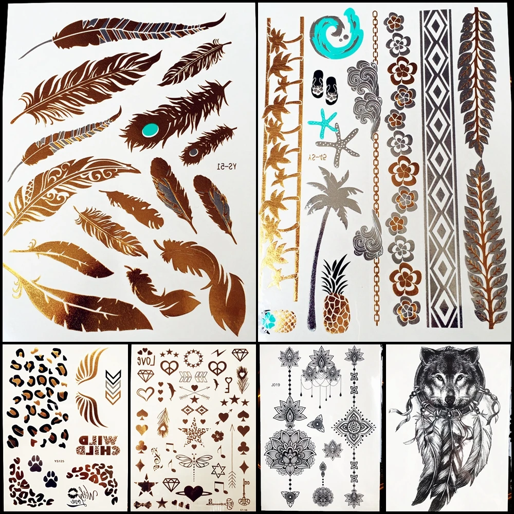 

tatouage taty gold golden silver tattoo women henna HYS-99 lace flower Bracelets flash metalic tattoo stickers party body art