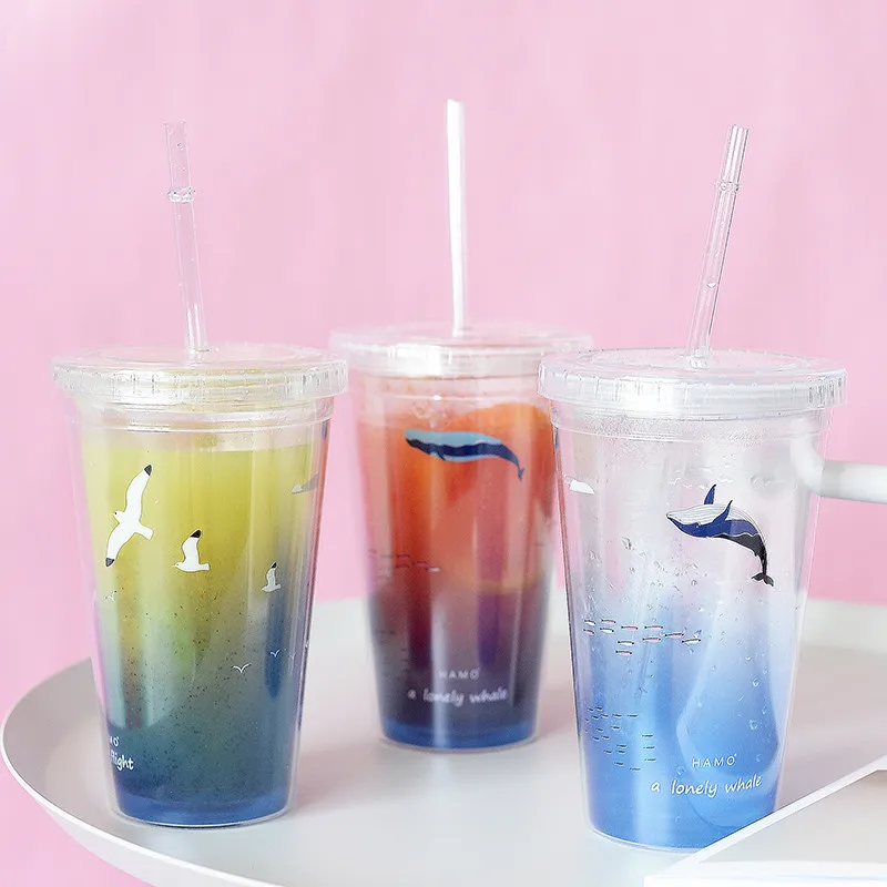 3PCS Set Творческий двойной Пластик бутылка для воды с каплей модные КИТ Чайка бутылки 550 мл бутылка спортивная для Тур бокал, для кемпинга посуда для напитков - Цвет: 3PCS Set