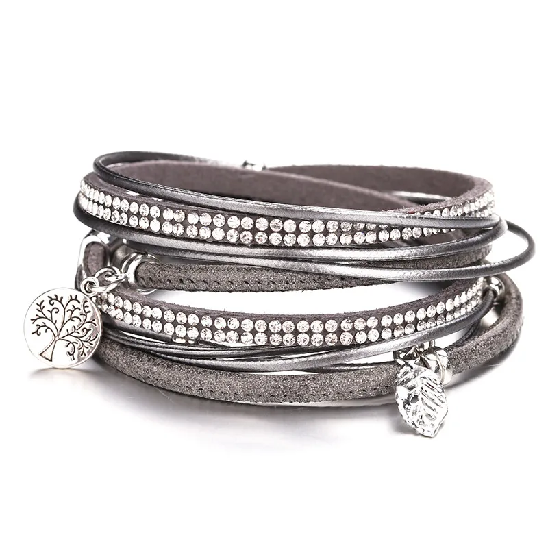 Amorcome Кожаные браслеты для Для женщин Подвеска "Древо жизни" Браслеты& Bangles, многослойные, в стиле бохо двойной Обёрточная Бумага браслет женский ювелирные изделия - Окраска металла: Gray