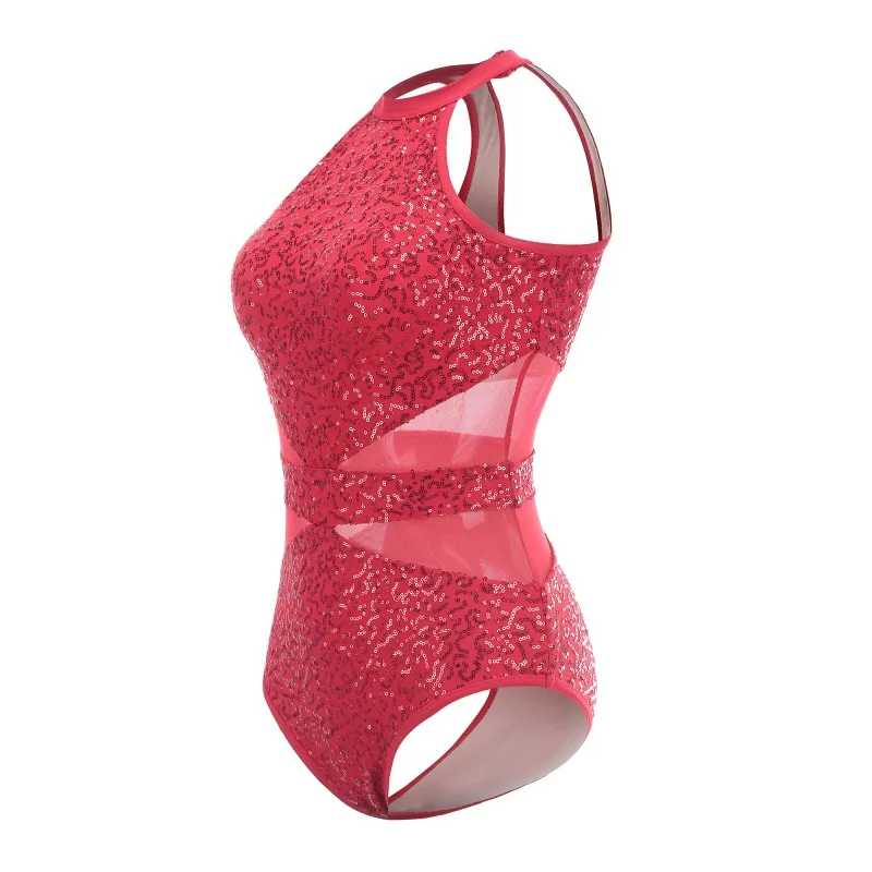 Sequins Mesh Splice Body Suit For Dance Ballet Gymnastics Girls Dancing Clothes Practice Dance Clothes Red Sliver Black