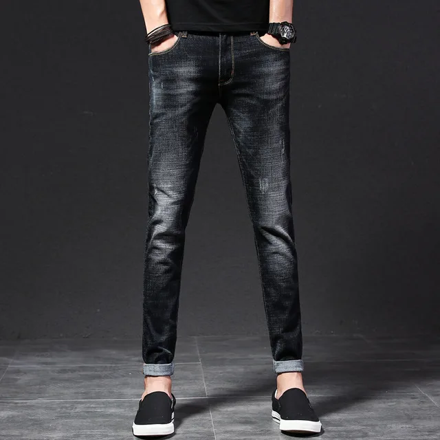 

Men's thin section slim stretch casual jeans youth worn, worn, washed, cat straight pencil pants / feet pants