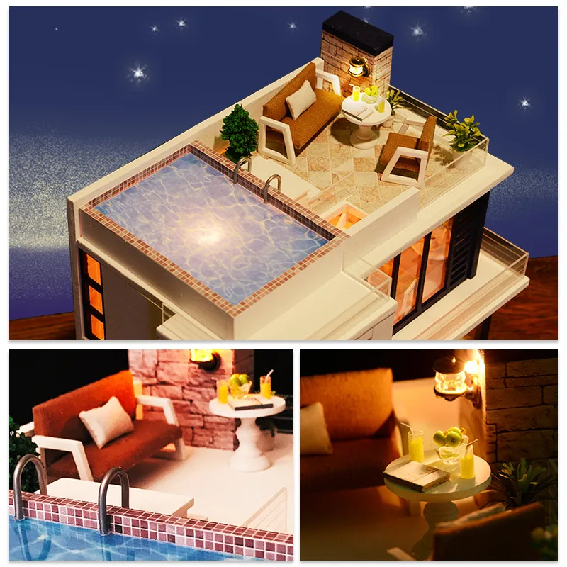 Кукольный дом Diy Миниатюрные деревянные Miniaturas кукольный домик мебель плавательный бассейн Строительство Вилла наборы игрушки для детей рождественские подарки