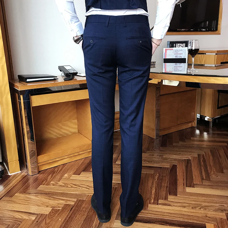 

Autumn New mens Plaid Suit Trousers Business Casual Suit Pants high quality Men Pant Blue Black