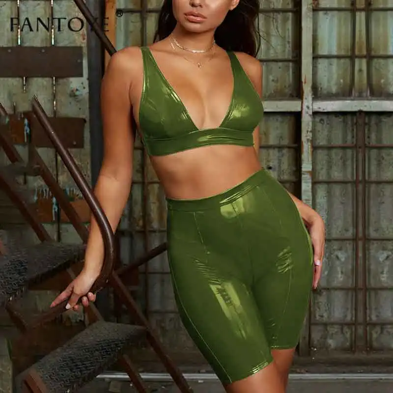Green Fantoye из искусственной кожи, сексуальный клубный облегающий комплект из 2 предметов для женщин, Осенний укороченный топ без рукавов и шорты, тренировочный комплект из двух предметов - Цвет: Green