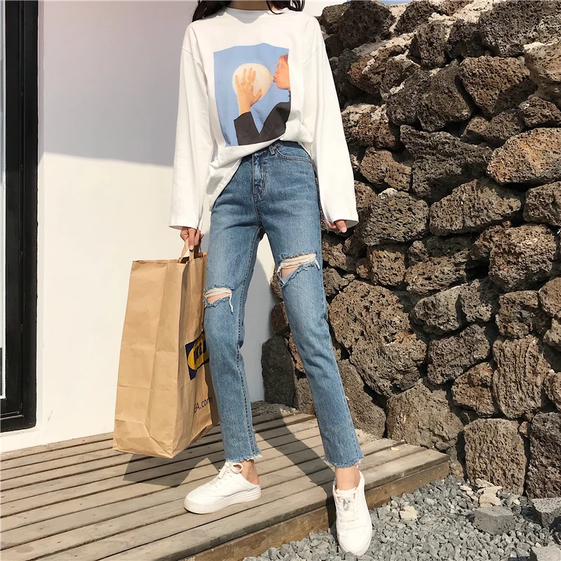 KYMAKUTU S-L Hole Jeans Women Denim Pencil Pants Natural Waist 2018 Summer New Casual All-match Female Pantalones Vaqueros Mujer |