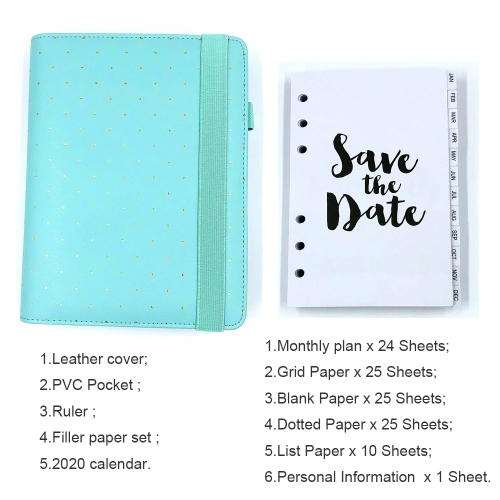 Mint basic set С кожаным переплетом, записные книжки и дневники A5A6, ежедневник, органайзер, ежемесячный недельный дневник, Подарочные канцелярские принадлежности - Цвет: Mint basic set
