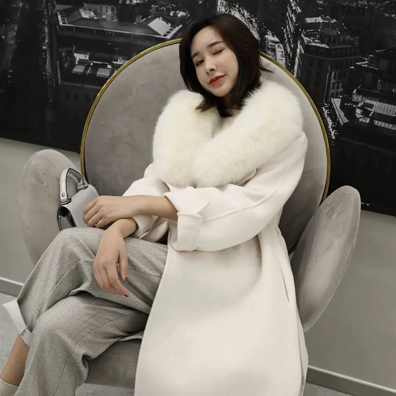 

High Street Double Face Wool Coat Women with Removable Big Fox Fur Collar 100% Woolen Coat Women rf0225b