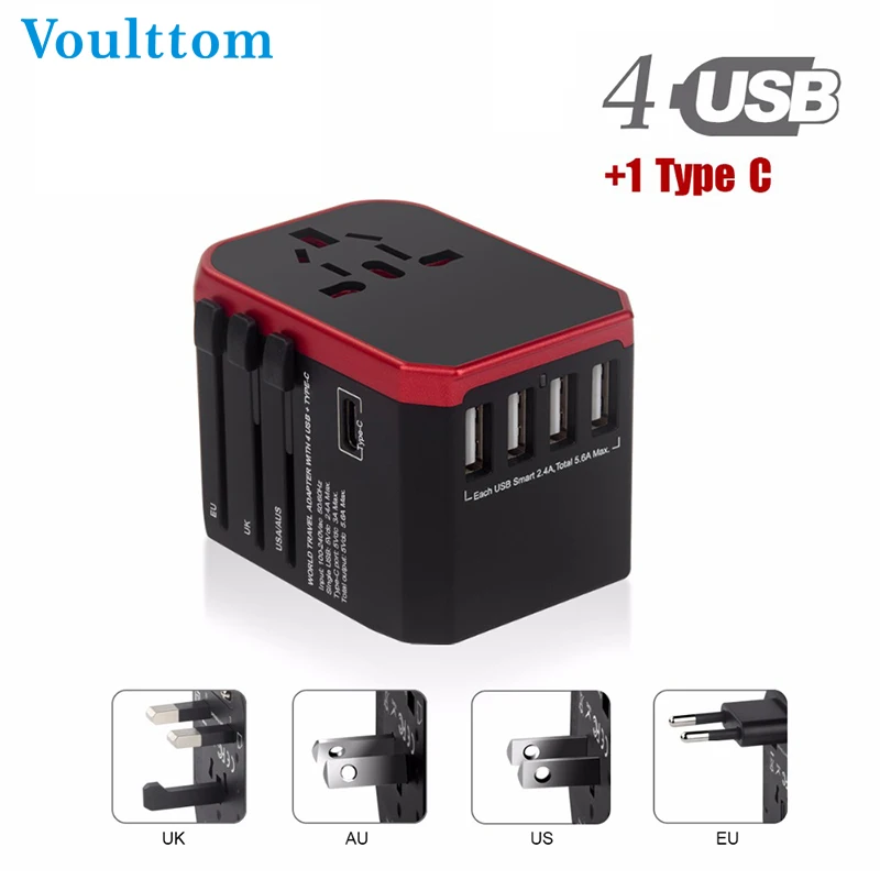 Дорожный адаптер Voulttom Великобритания AU EU US 4 в 1 Международный зарядный USB Type C