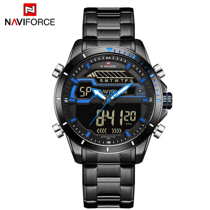BLACK BLUE NAVIFORCE повседневные военные часы из нержавеющей стали Кварцевые часы мужские водонепроницаемые Модные светодиодный, аналоговый, цифровой мужские s часы лучший бренд класса люкс - Цвет: BLACK BLUE
